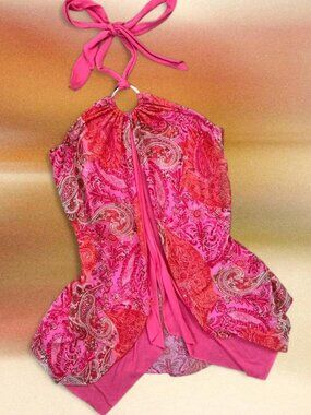Y2K FANG Pink Paisley Handkerchief Hem Asymmetrical Halter Tank Top O Ring ⭐️